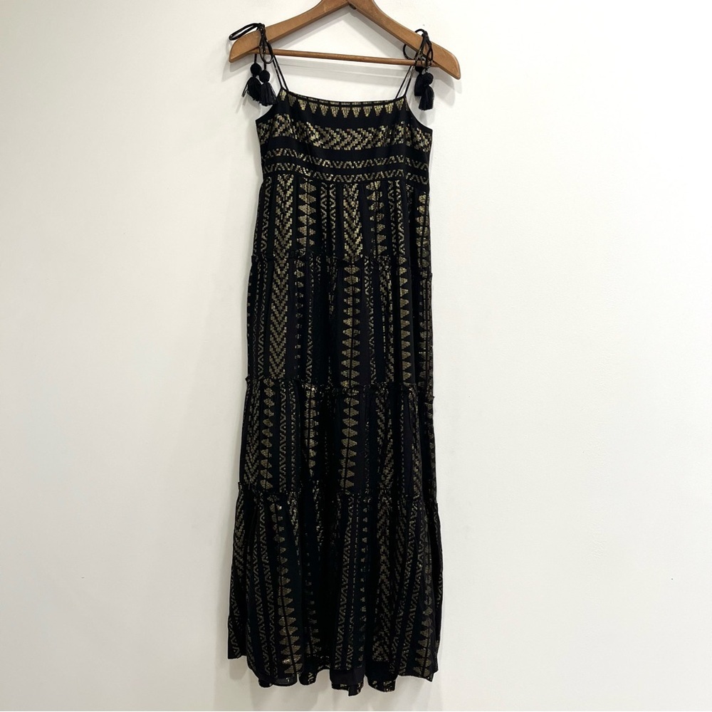 Saylor Joanie Tiered Maxi Dress Fringe Tassel Ties Black Metallic Details M - Picture 3 of 15